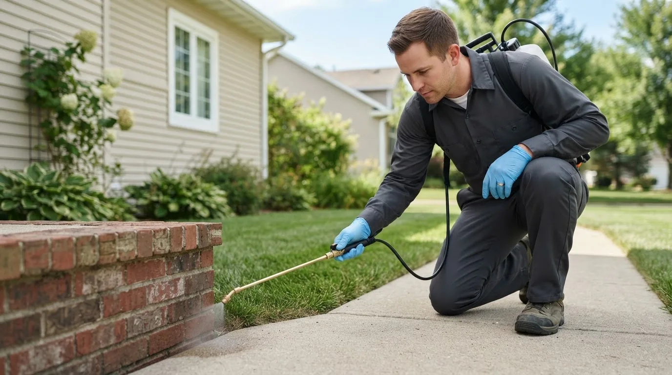 Pest control technician treating a home near Akron, OH