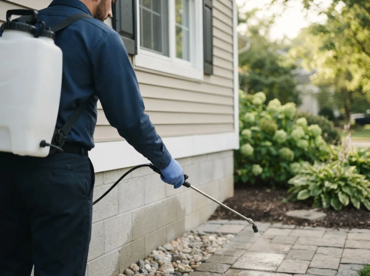 Pest control technician inspecting a home in Akron, OH